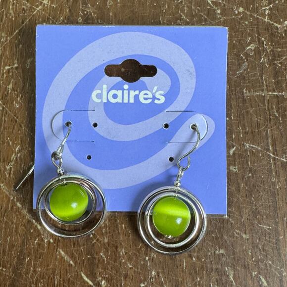 Claire's VINTAGE Y2K Green Tiger Eye Bead‎ Silver Tone Dangle Earrings - Picture 1 of 3